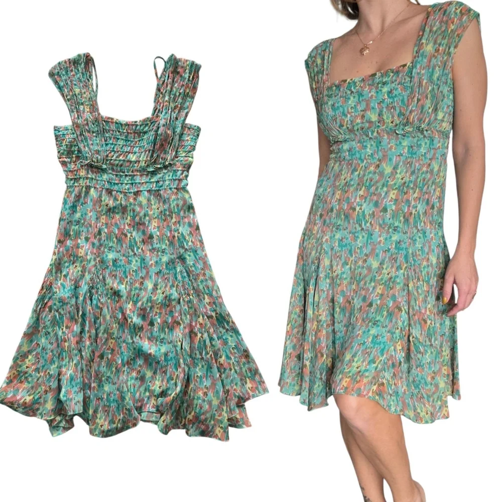 Watercolor Floral Smocked Asymmetrical Dress XS Green Boho Cottagecore Fairycore